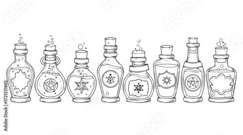 Collection of antique glass perfume bottles with ornate stoppers detailed line art silhouette