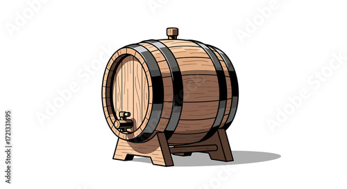 Vintage wooden oak barrel with metal hoops on a stand for aging whiskey or wine