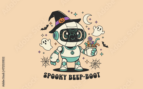 Cartoon robot in witch hat holding candy bowl for Halloween  
