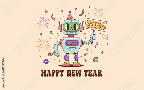 Colorful robot celebrating New Year with fireworks and 2026 sign  
