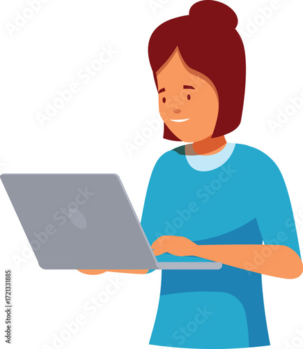 Young woman using laptop, focusing on her work and efficiently managing tasks with technology