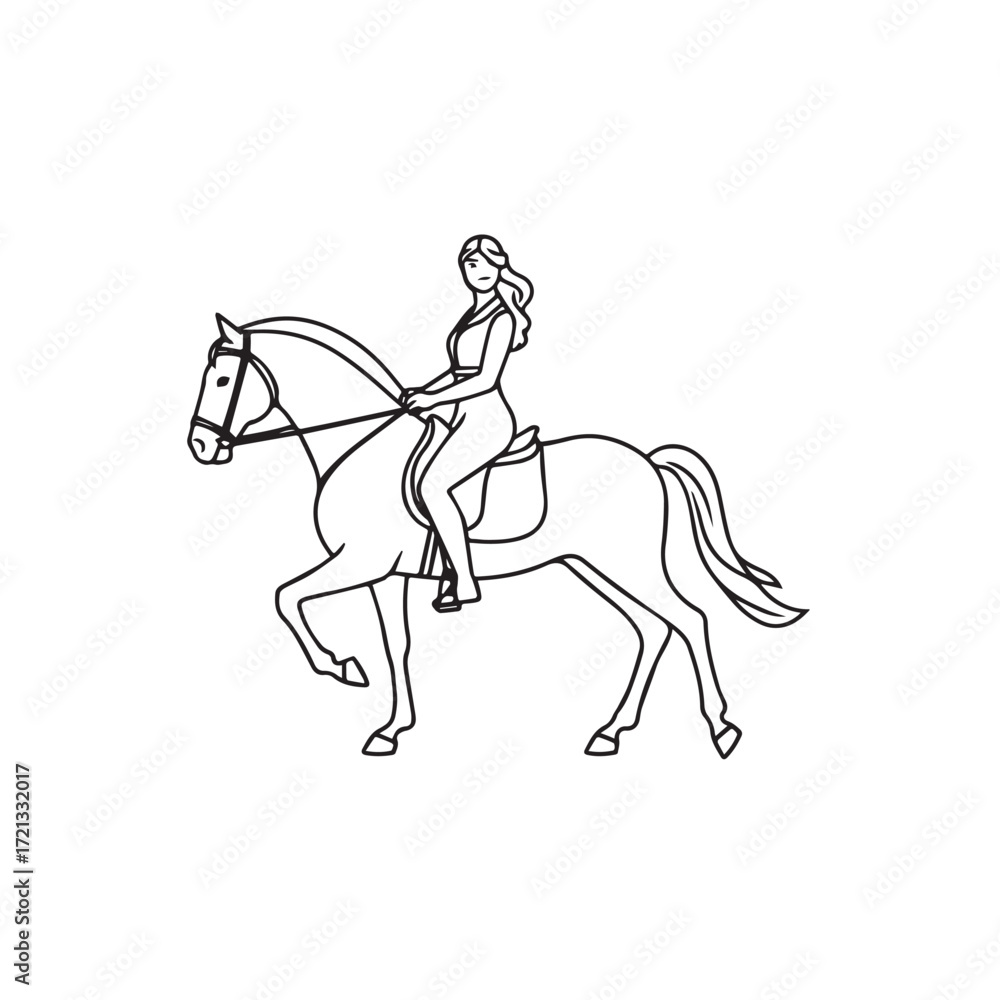 Fototapeta premium Black and white line art of a beautiful woman with perfect body riding horse elegant minimalist illustration