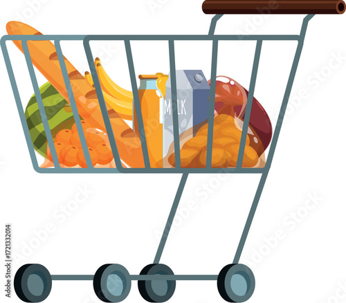 Metal shopping cart full of various groceries including fruits, vegetables, bread, milk, juice and meat, promoting healthy eating habits and consumerism
