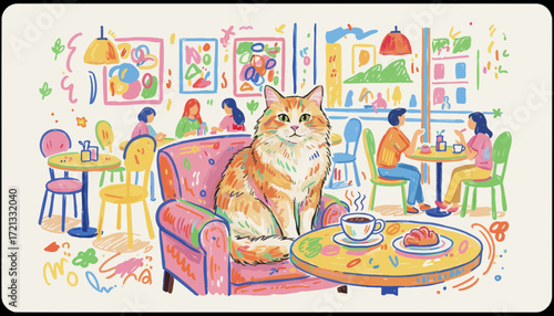 Cat sitting on chair in cafe with colorful decor and patrons  
