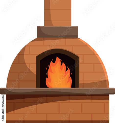 Traditional wood fired brick pizza oven burning with bright orange flames