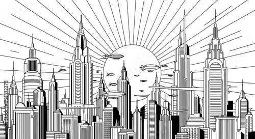 Futuristic city skyline with tall buildings and flying airships  