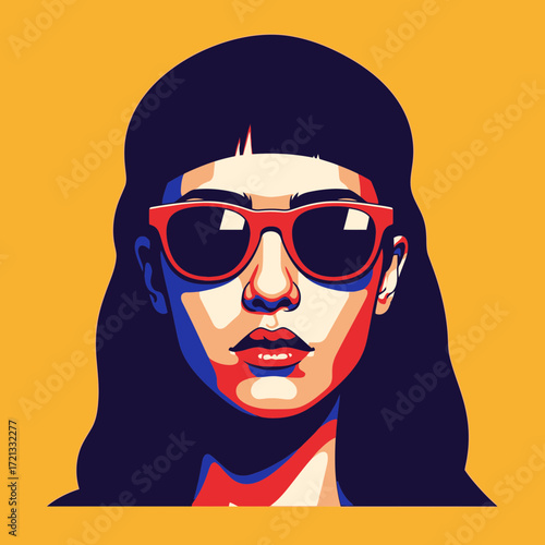 Artistic portrait of a woman wearing sunglasses with colorful background  