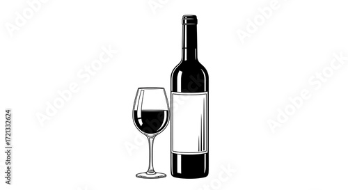Classic black and white vector illustration of a red wine bottle with a blank label and a full glass