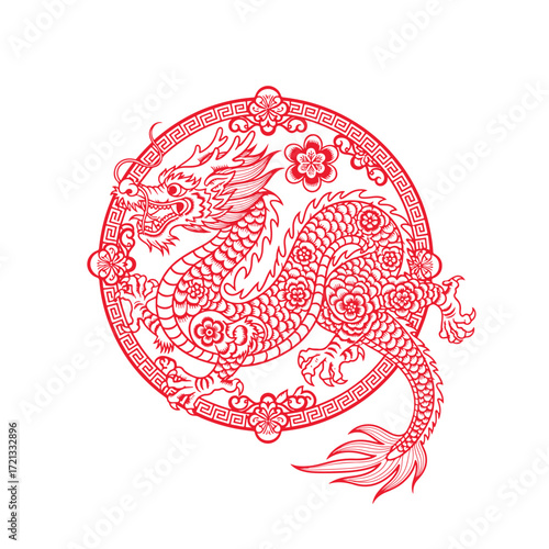 A powerful red Chinese dragon in a traditional line art style, enclosed within a decorative circular floral frame. vector illustration
