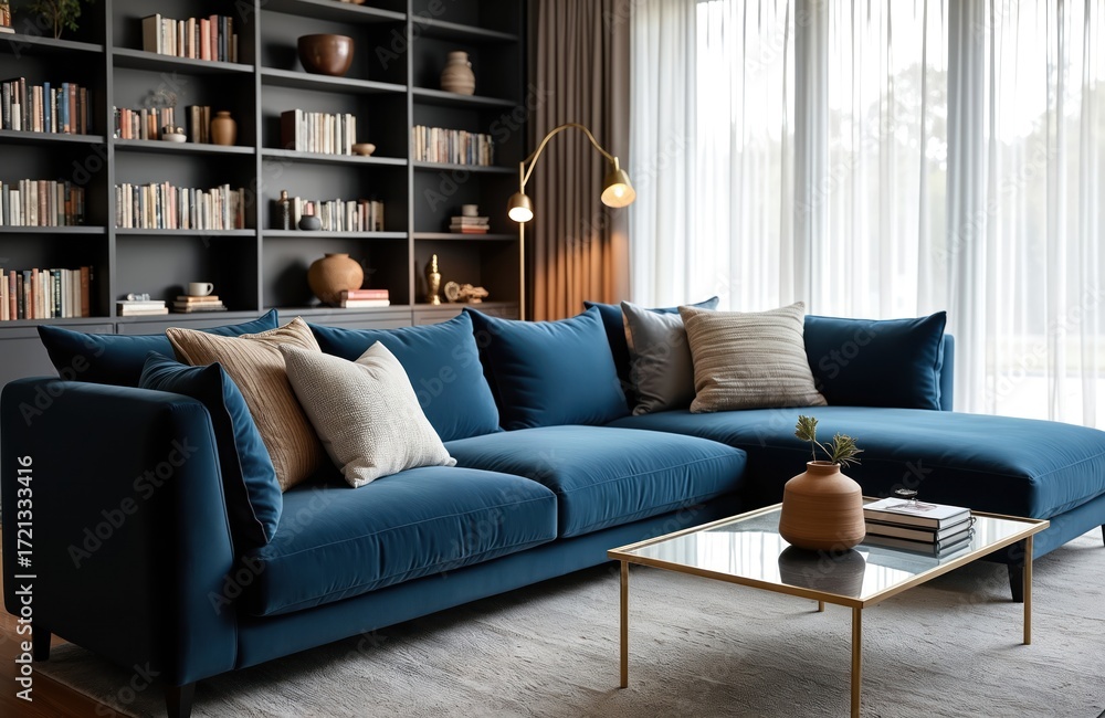 Fototapeta premium Modern living room features deep blue sectional sofa. Bookshelves line wall. Comfortable cushions, glass coffee table. Natural light streams through sheer curtains. Stylish apartment interior, nobody