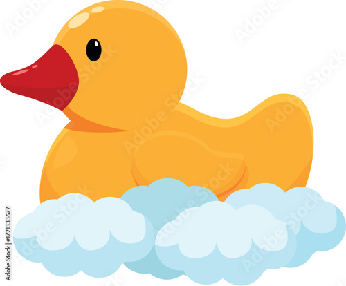 Cute yellow rubber duck enjoying a relaxing bath on top of fluffy white clouds, evoking feelings of childhood joy and bath time fun