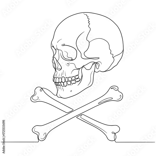 Skull and crossbones single-line emblem, monochrome line art for editorial and caution graphics