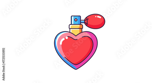 HeartShaped Perfume Bottle with Red Bulb Atomizer and Blue Accents.