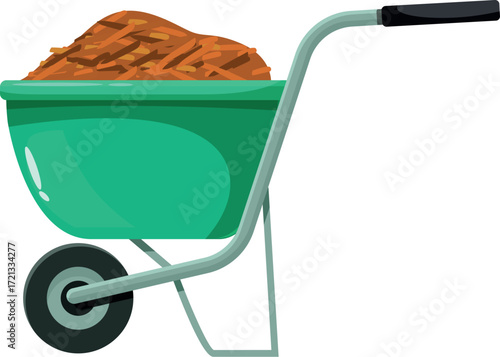 Green wheelbarrow loaded with wood chips, ideal for gardening and landscaping projects