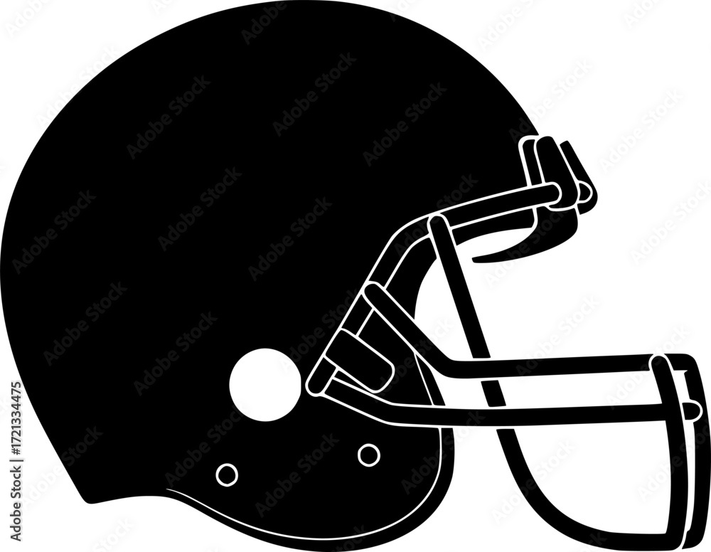 Fototapeta premium a black silhouette of an american football helmet on a white background, solid black, side view