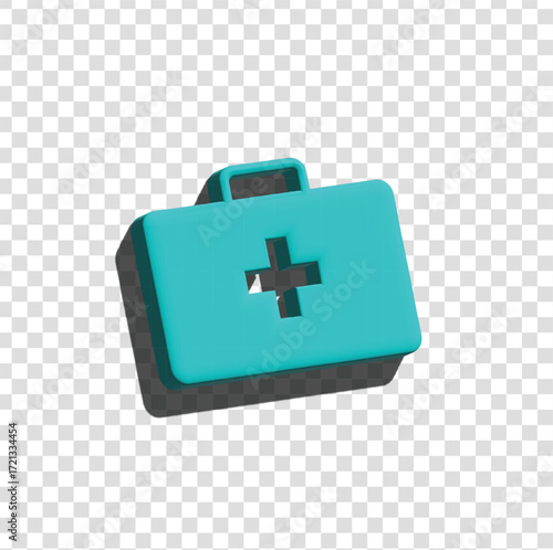 3D icon of a turquoise medical suitcase with a cross symbol, representing emergency help, survival, and safety.