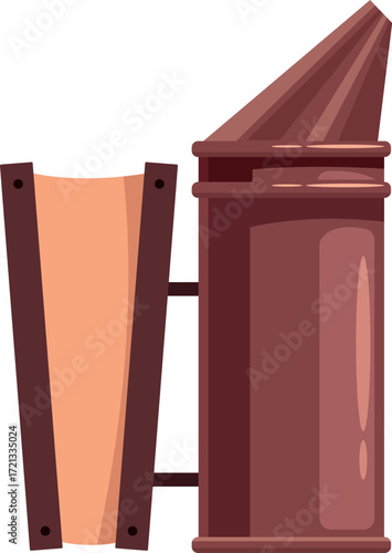 Bee smoker and frame leaning against white background, representing beekeeping tools and equipment