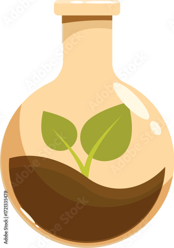 Small sprout growing inside a science flask filled with soil, representing biotechnology research and development