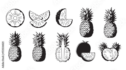 Collection of fresh ripe pineapples various stages of preparation and slice views for culinary design silhouette