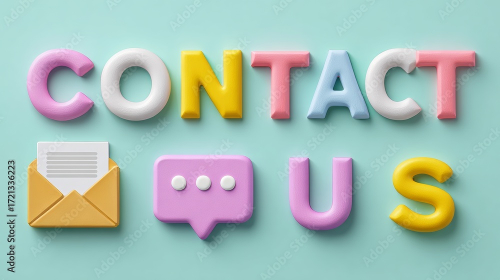 Fototapeta premium Contact us title with pastel icons of envelope and chat bubble on soft background