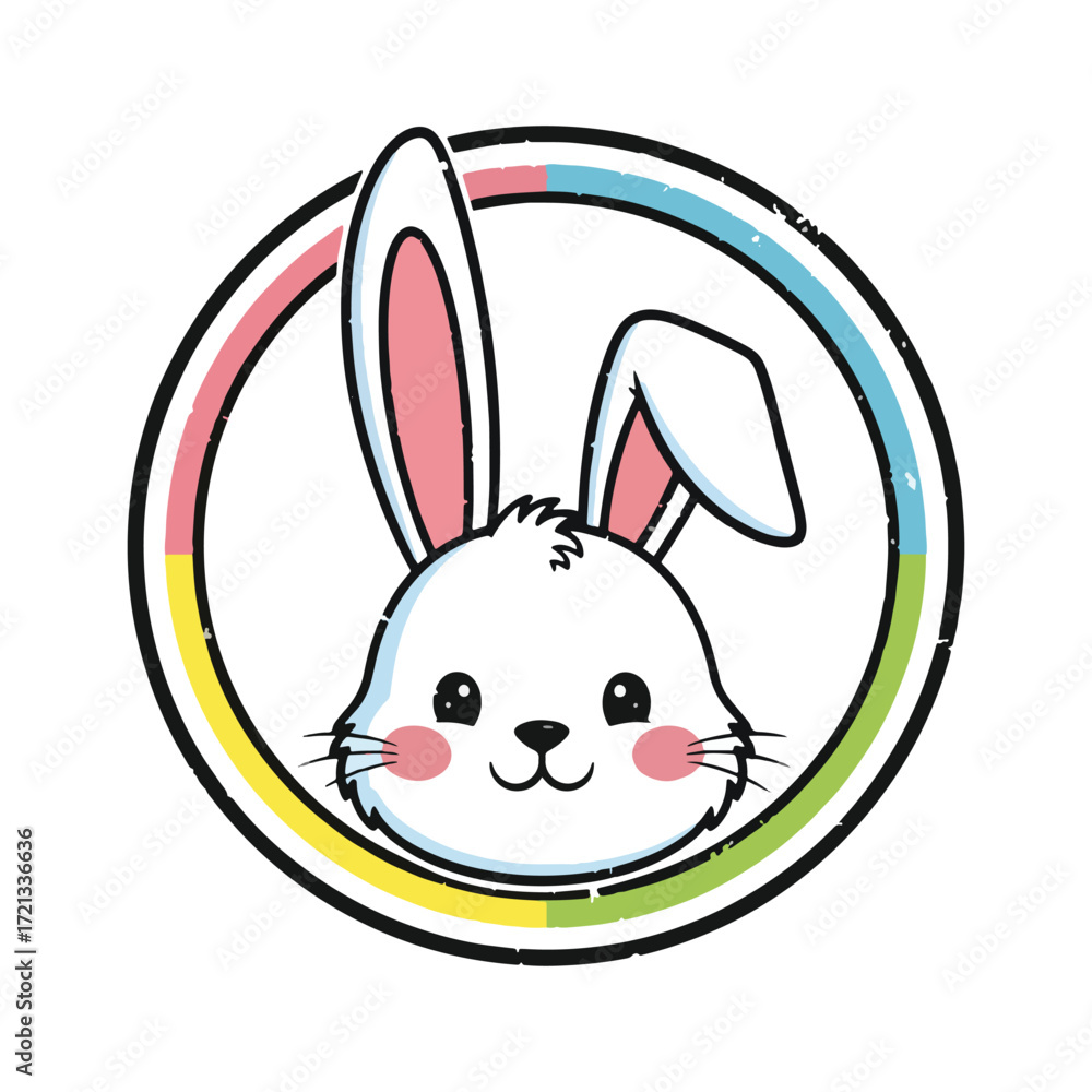 Obraz premium Cute cartoon bunny face with rosy cheeks inside a colorful circle, perfect for Easter celebrations