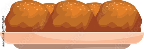 Four golden brown, freshly baked buns sit on a rectangular tray, ready to be enjoyed