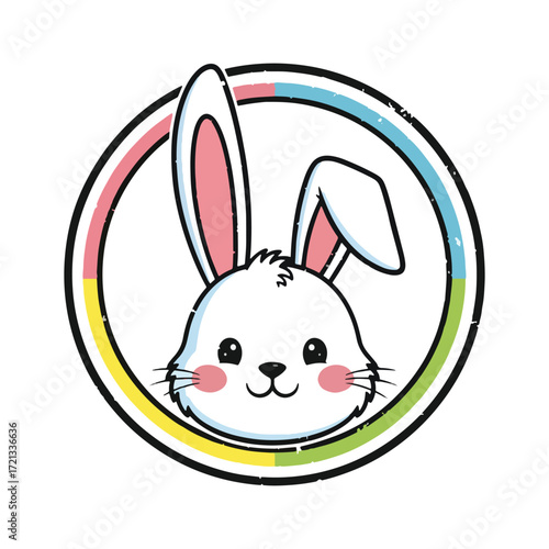 Cute cartoon bunny face with rosy cheeks inside a colorful circle, perfect for Easter celebrations