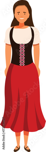 Young smiling woman wearing traditional german costume, dirndl dress, standing with hands behind back