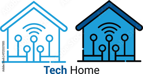 Smart home technology illustration showing a house with wifi and connected devices