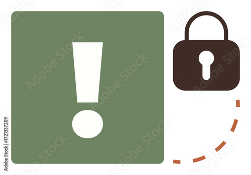 Green square with white exclamation mark and brown padlock, dashed line connection. Ideal for cybersecurity, caution, data protection, access control, secure communication, privacy, simple flat