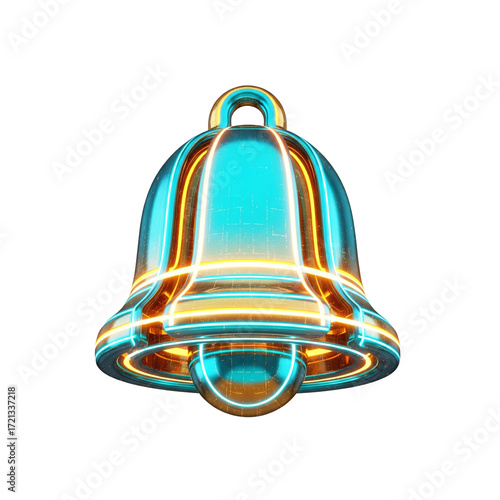 Striking 3D notification bell icon with vibrant neon glow, perfect for modern app design, website elements, and attention-grabbing marketing visuals