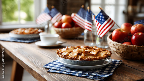 July 4, Independence Day traditional American picnic background. Plates, glasses, USA flags on green lawn or meadow grass, with blanket or tablecloth for 