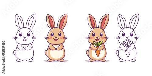 Rabbit with carrot, line and color illustration. Cute animal character. Vector isolated element on white background