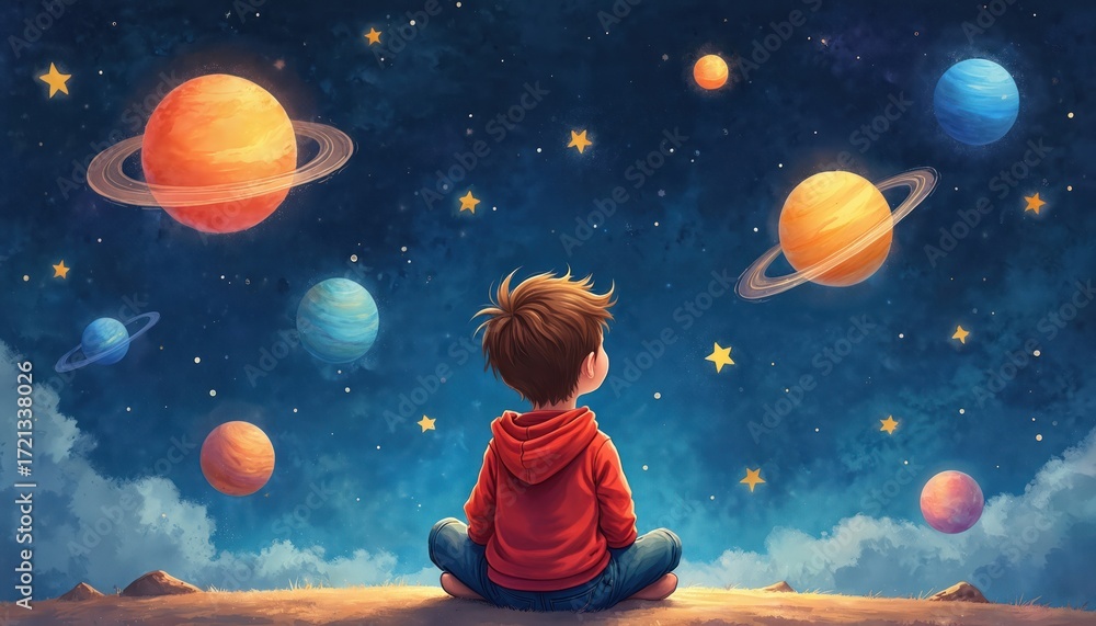 Fototapeta premium Young boy in red hoodie dreams under colorful planets, stars. Watercolor illustration captures celestial galaxy wonder. Childrens fantasy artwork shows contemplation, imagination, cosmic exploration.