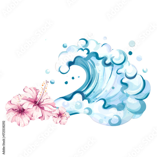 Summer vibes captured in a vibrant wave illustrating the beach life, with blossoming hibiscus flowers evoking the essence of relaxation and joy during holiday escapes