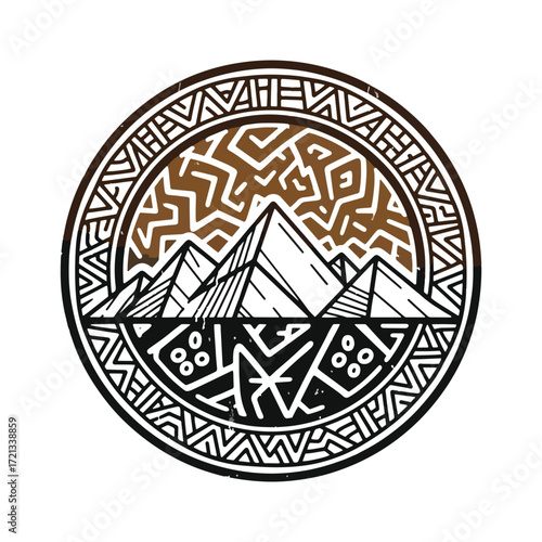 Stylized pyramid landscape within a tribal circular emblem, evoking ancient history and adventure.