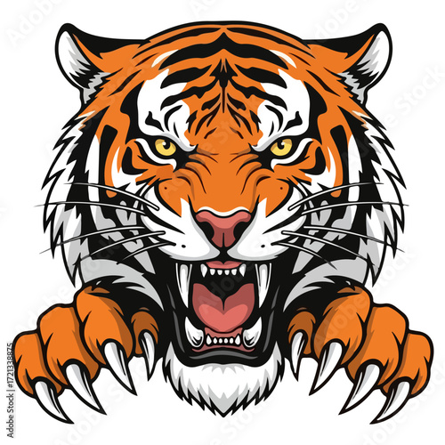 Aggressive tiger head with sharp claws ready to attack.