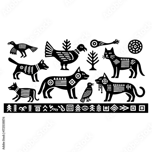 Black and white vector set of ethnic animal illustrations.