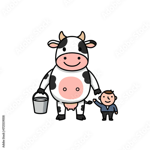 Cartoon cow with bucket and little boy