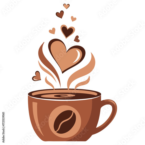 Coffee cup with hearts and steam, a warm and loving beverage.