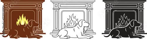 Dog fireplace vector illustration cozy home fire design set