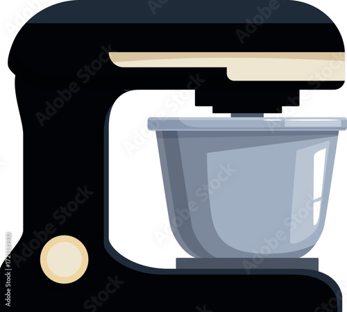 Black kitchen stand mixer with stainless steel bowl ready for baking