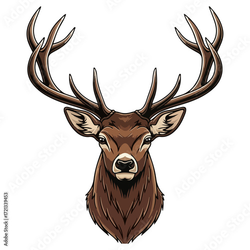 Majestic deer portrait with impressive antlers, looking forward.