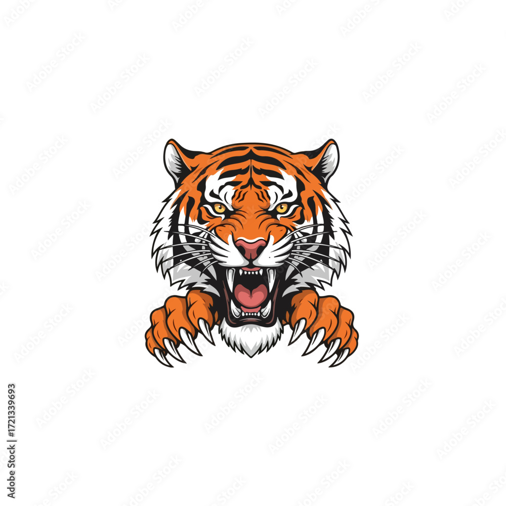Fototapeta premium Tiger head roaring with sharp claws ready to attack.