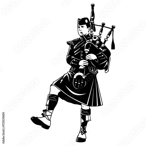 Bagpiper in traditional Scottish attire playing bagpipes with focused expression.