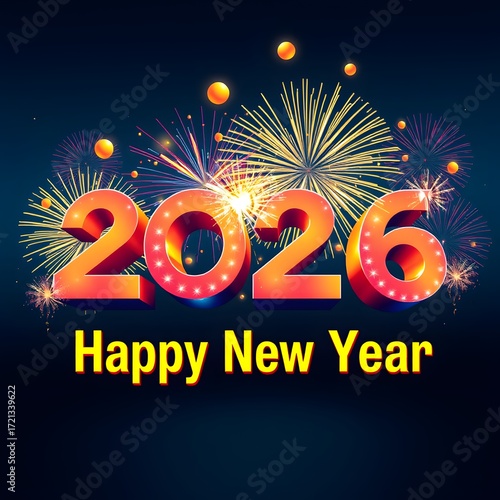 Happy New Year 2026 Celebration – Golden and Futuristic Neon Numbers with Fireworks