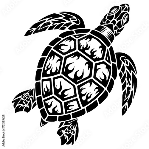 Black and white sea turtle illustration, detailed artwork, ocean animal.