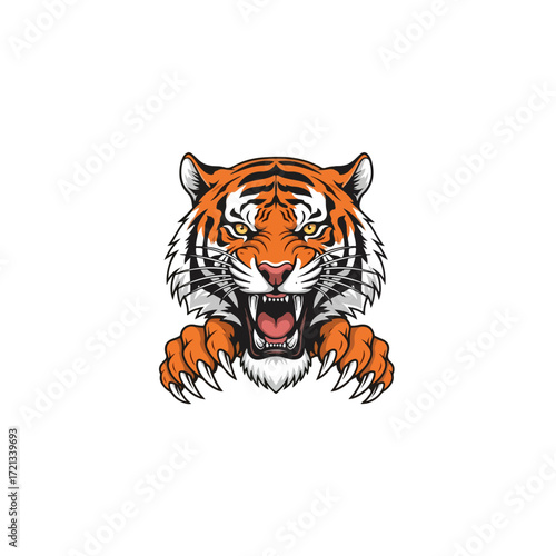 Tiger head roaring with sharp claws ready to attack.