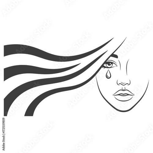 Woman with flowing hair and a tear, minimalist line art.