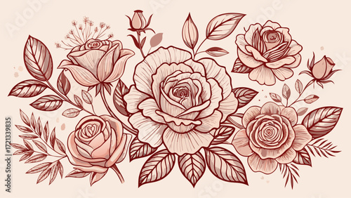 Elegant line art illustrations of different rose flower stages and blossoms, delicate botanical beauty, graceful outlines, perfect for romantic invitations, decorative branding, or floral-themed graph